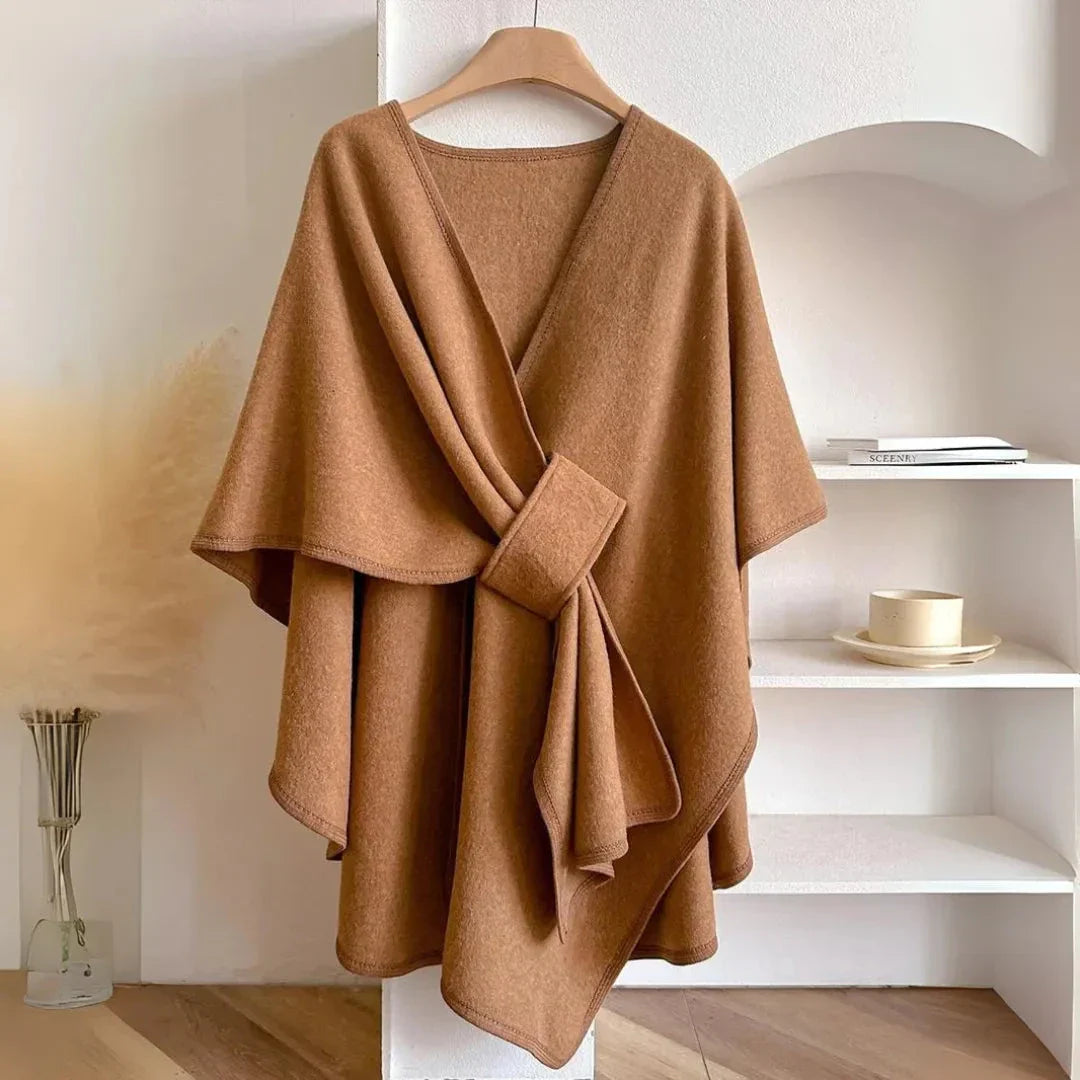 Waylynn Knit Cape With Pockets Soft Fleece Belted Women