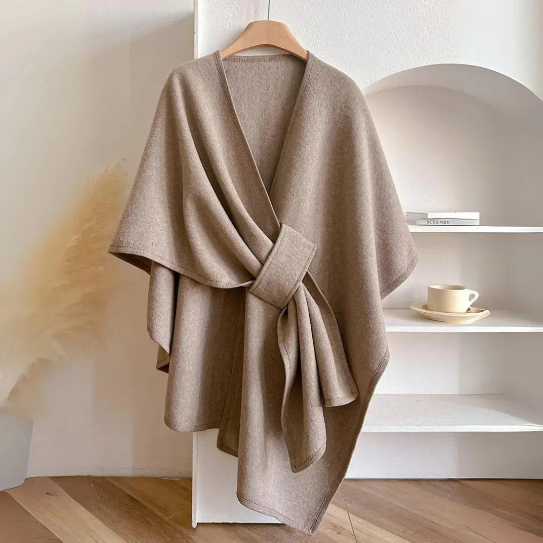 Waylynn Knit Cape With Pockets Soft Fleece Belted Women