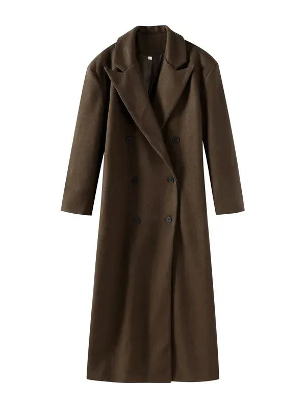 Street-Wave Womens Long Double-Breasted Wool Coat With Elegant Lapels Versatile Brown