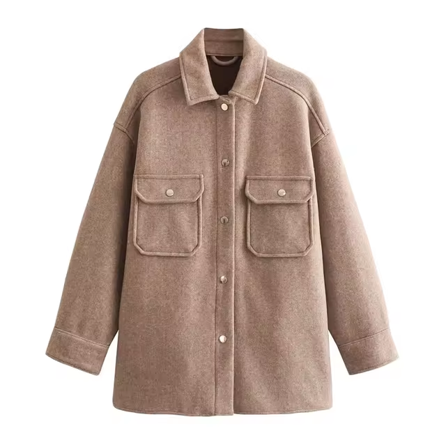 Street Wave Wool Shirt Jacket Women Cozy Elegant Two Front Pockets One Row Design