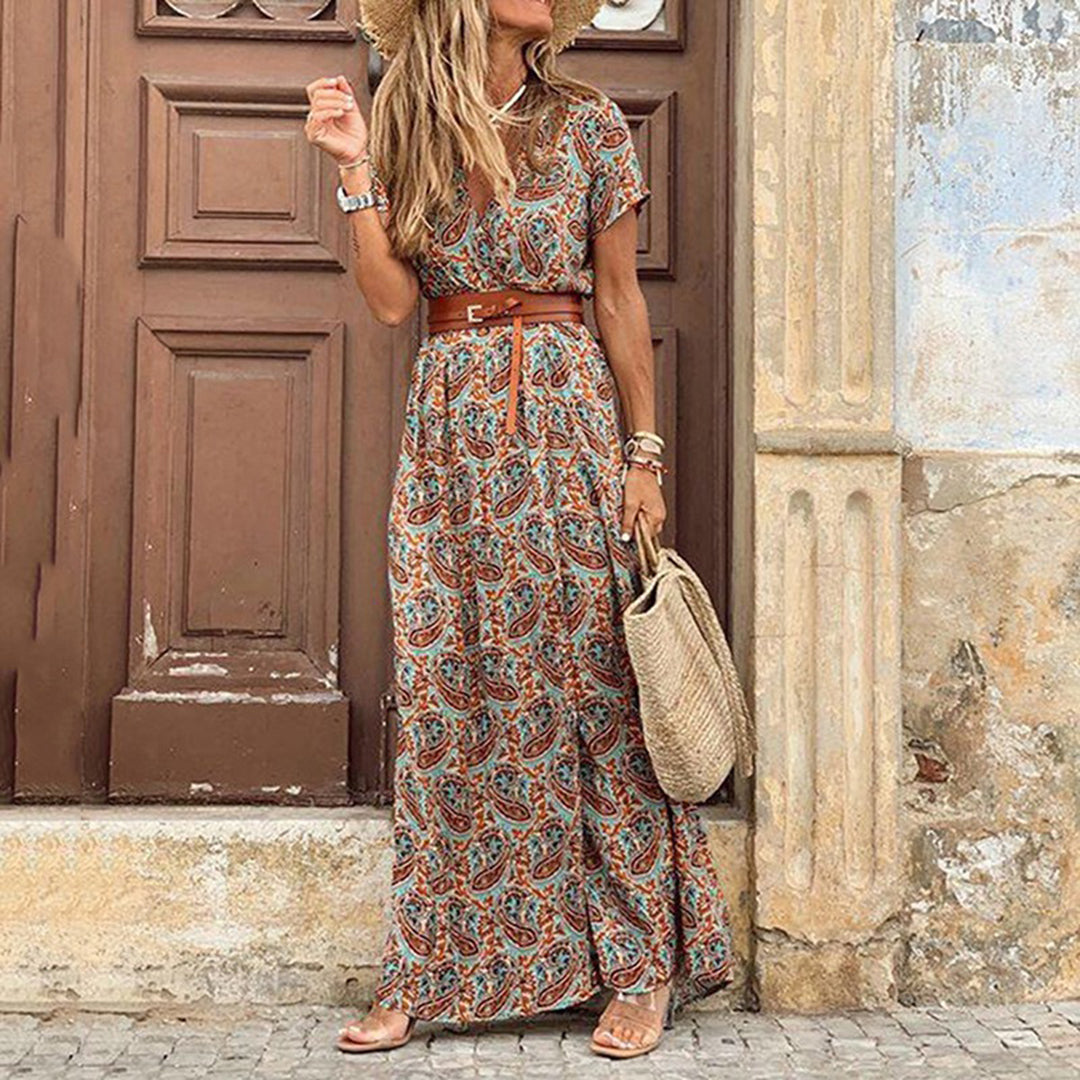 Street-Wave Womens Maxi Dress V-Neck Side Slit Fashionable