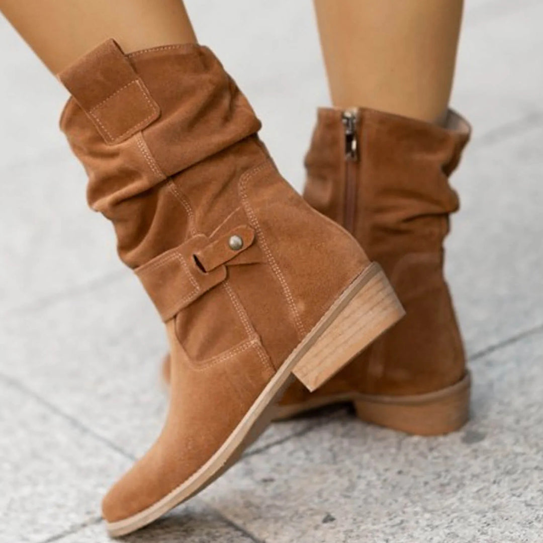 Street-Wave Women's Suede Slouch Boots With Buckle Strap And Side Zip For Everyday Chic