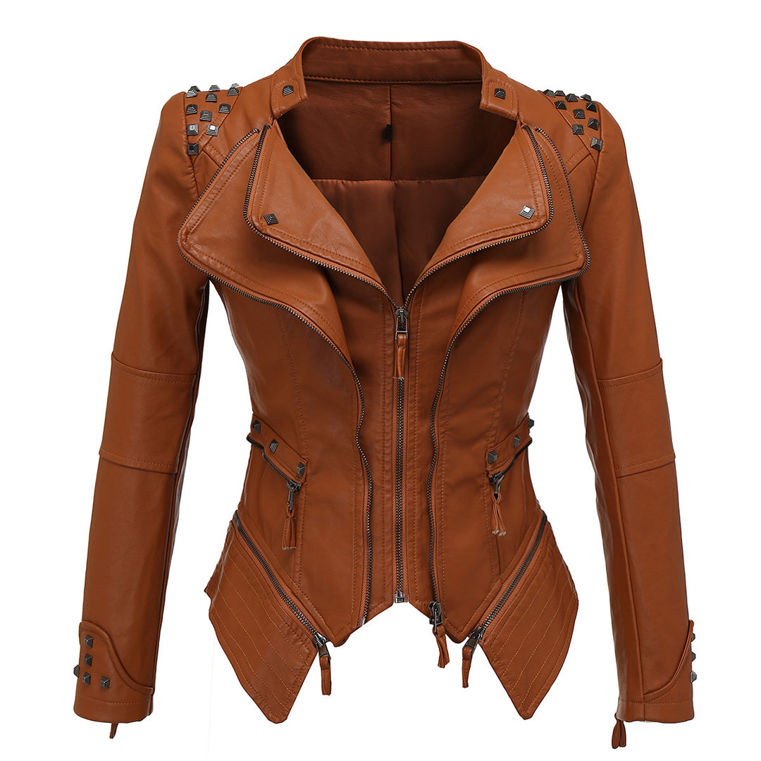 Gothic Slim Fit PU Leather Jacket Donna By Streetwave For Women Studded Silver Details