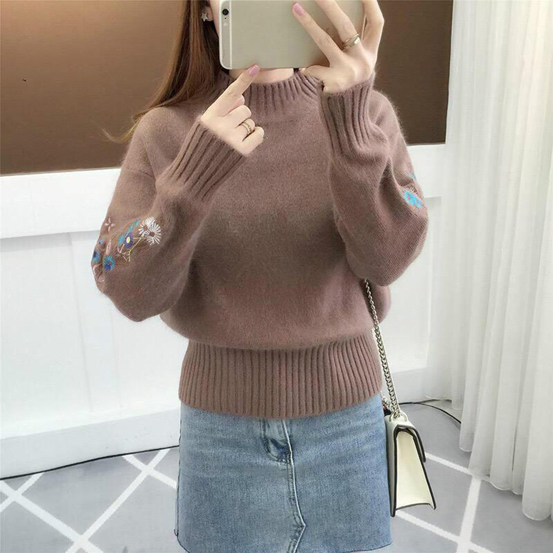 Street-Wave Floral Embroidered Cashmere Knit Pullover For Women Soft Cream Color Premium Handcrafted Sweater