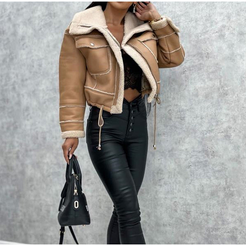 Street Wave Womens Retro Shearling Leather Jacket Warm Cozy Vintage Style For Fashion Forward Comfort