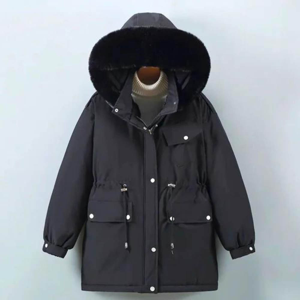 KIMMO Womens Down Jacket With Fur Hood Premium Warmth And Style Adjustable Waist Street-Wave