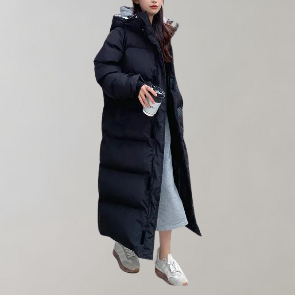 Street-Wave Long Puffer Jacket With Hood For Women Insulated Zip Front Winter Coat