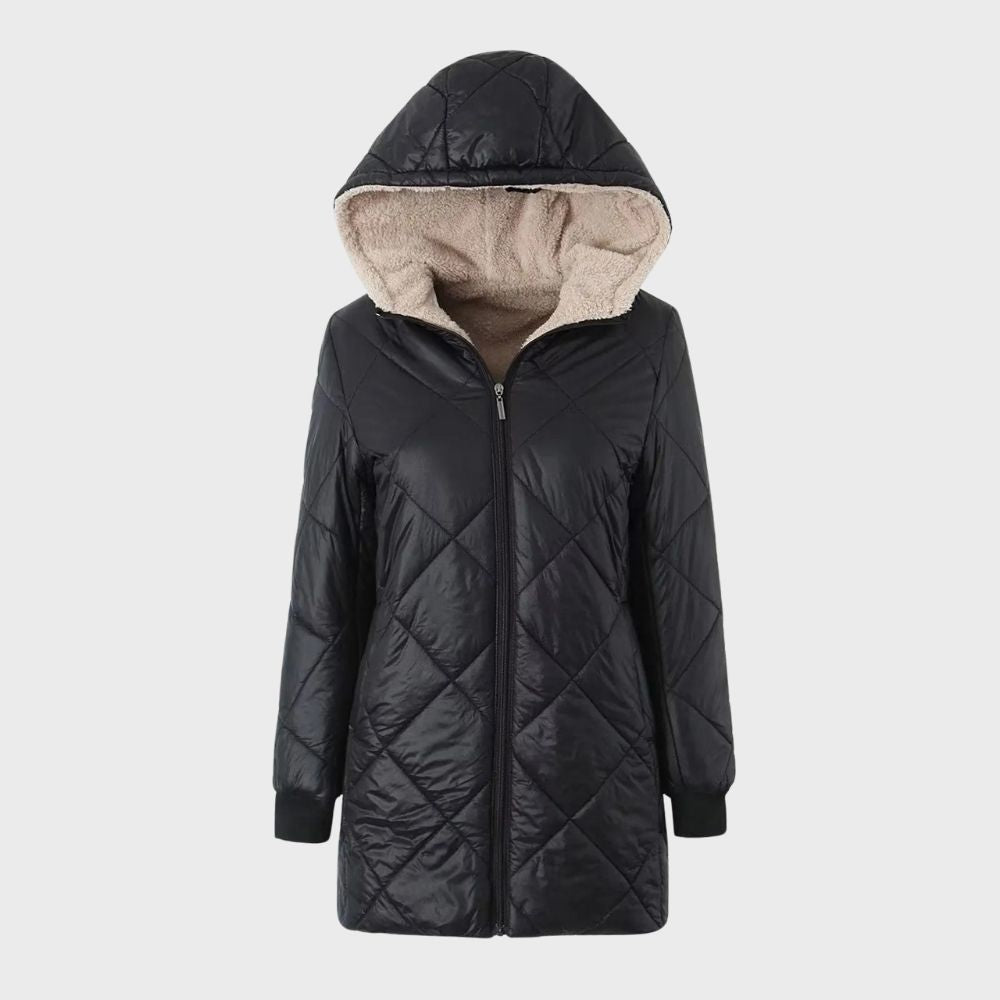 Leti Womens Quilted Winter Coat With Cozy Fleece Lining Hooded Navy Puffer Style Insulated Warmth