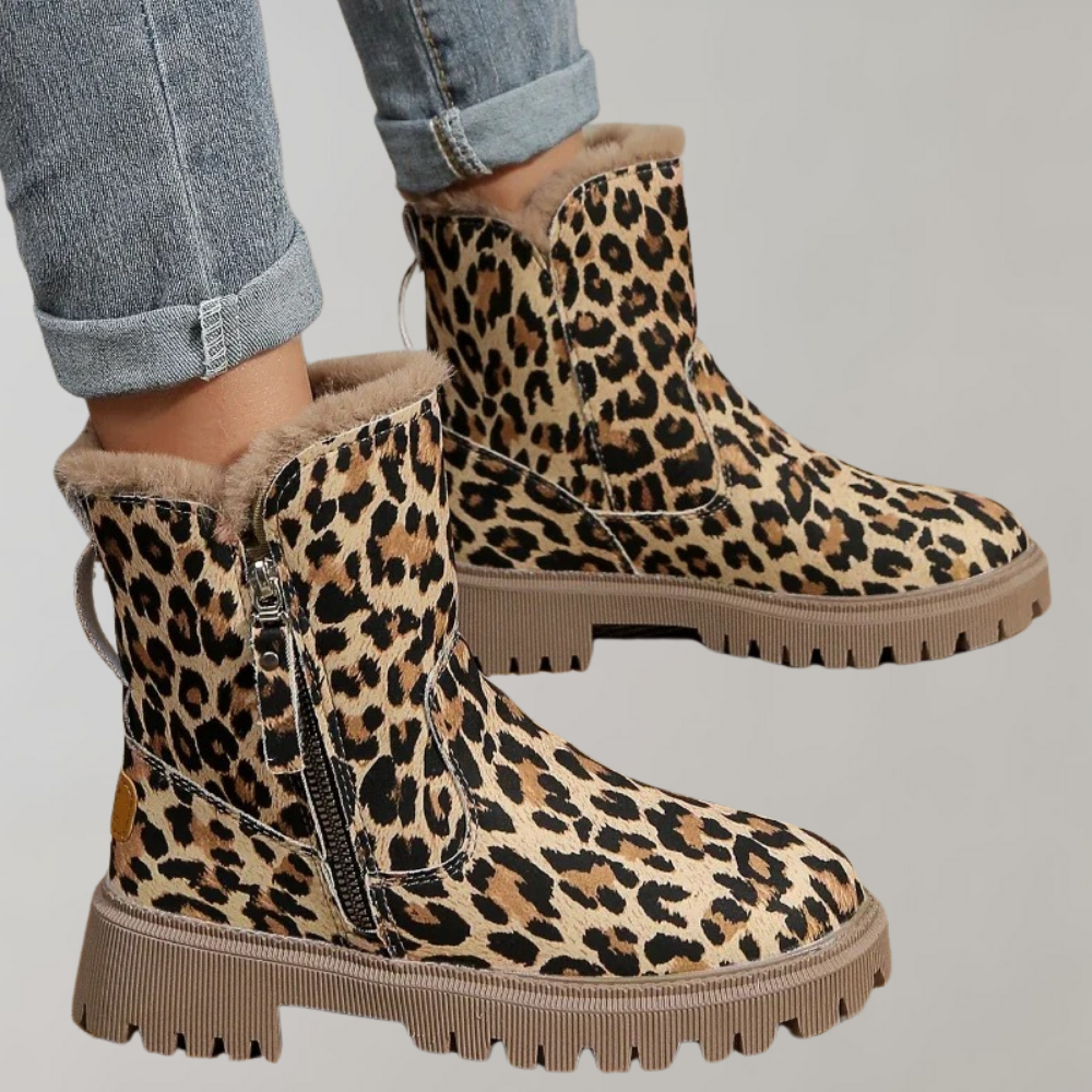 Street-wave Leopard Print Flat Ankle Boots With Cozy Faux Fur Lining For Women Winter Ready