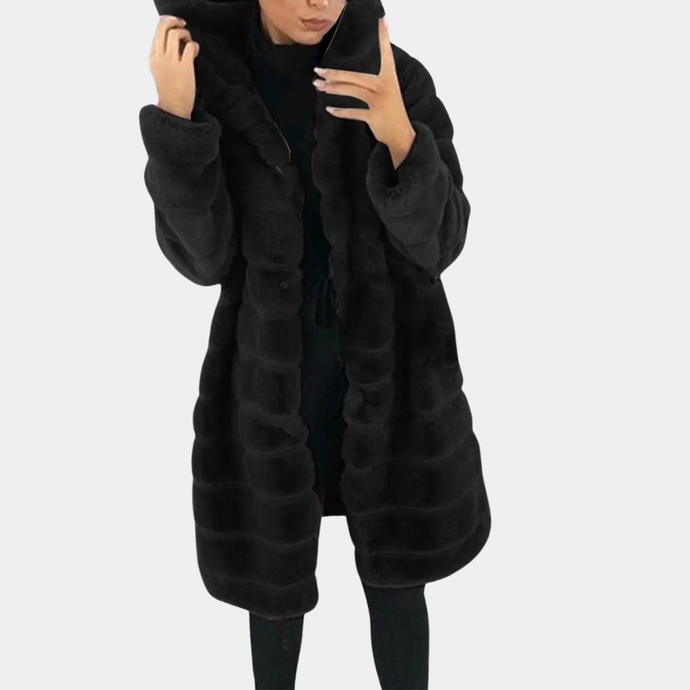 Barbe Elegant Womens Faux Fur Coat Hooded Thick Lined Cozy Luxurious Winter Jacket For Women