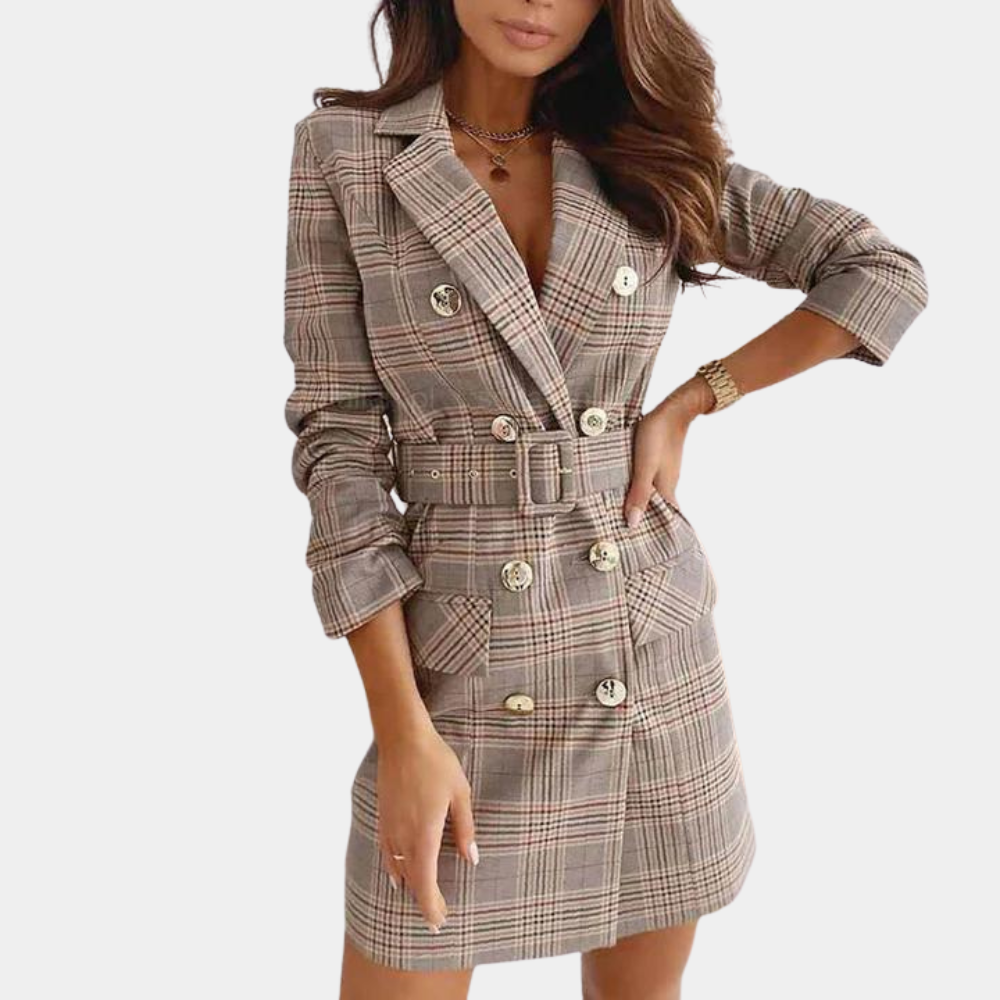Streetwave Blazer Dress For Women Belted Plaid Double Breasted Chic Elegant Versatile Office To Evening