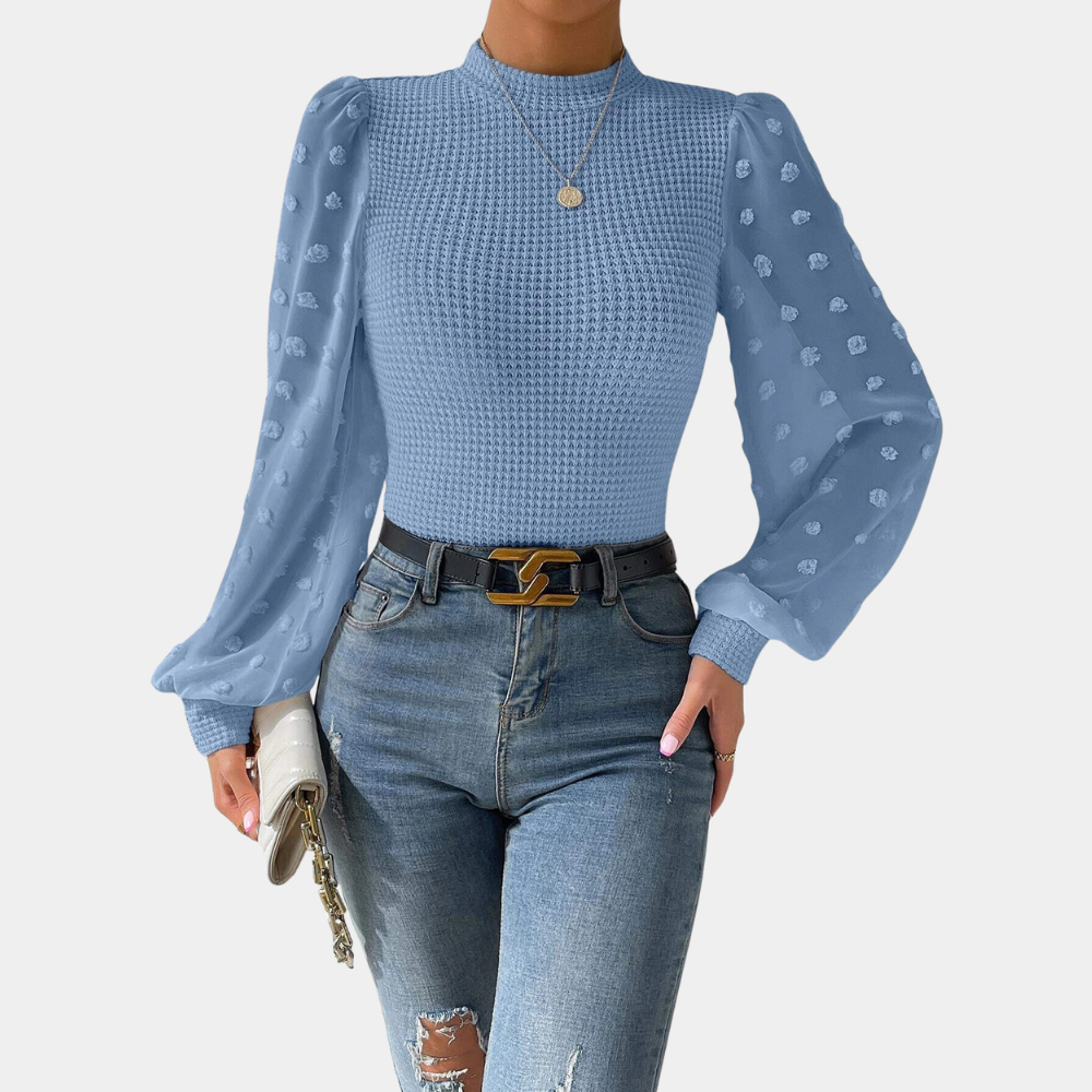 Street-Wave Knit Blouse With Sheer Chiffon Sleeves Elegant All Day Comfort For Women