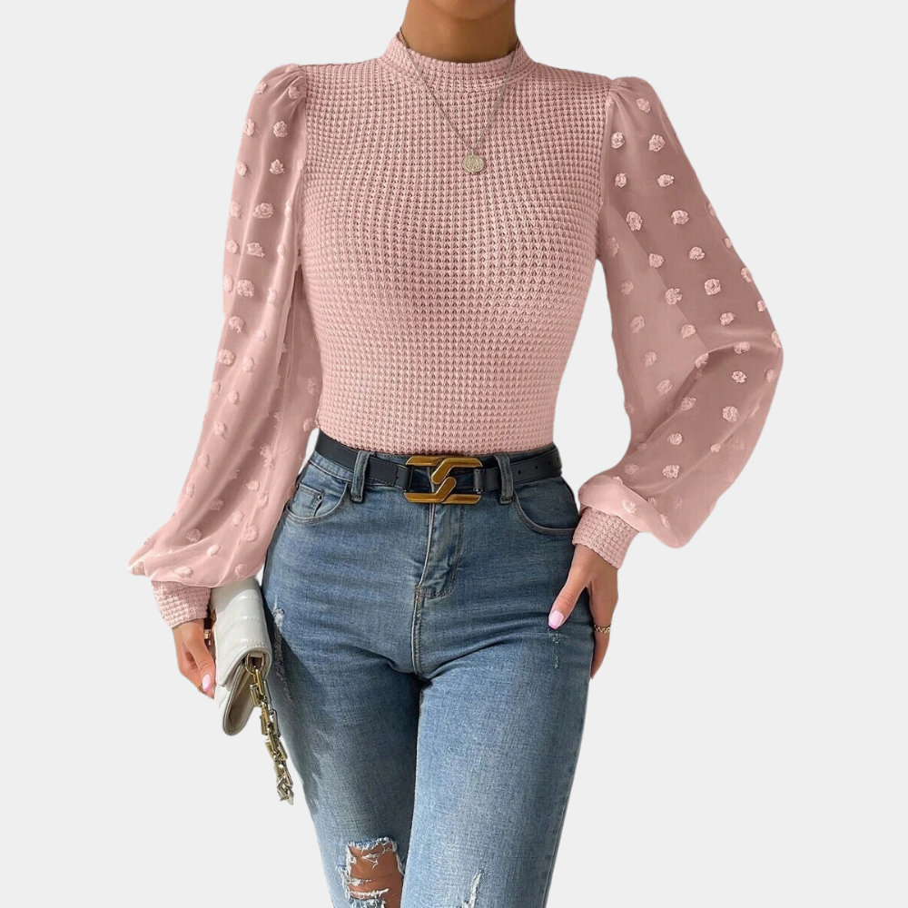Street-Wave Knit Blouse With Sheer Chiffon Sleeves Elegant All Day Comfort For Women
