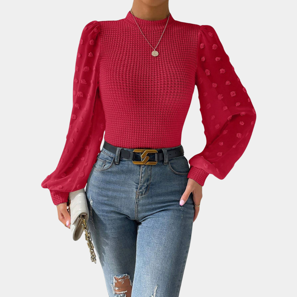 Street-Wave Knit Blouse With Sheer Chiffon Sleeves Elegant All Day Comfort For Women
