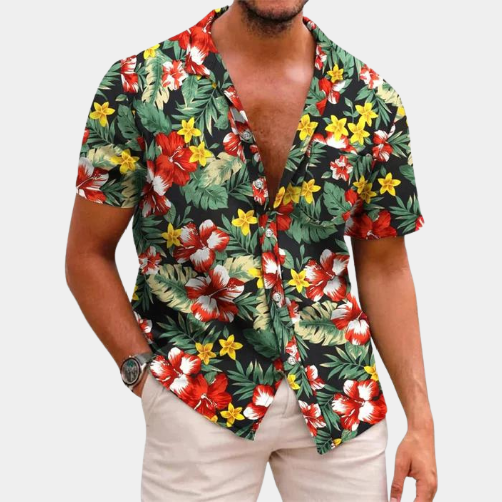 Street-Wave Men's Short Sleeve Tropical Leaf Shirt Button Front Relaxed Fit