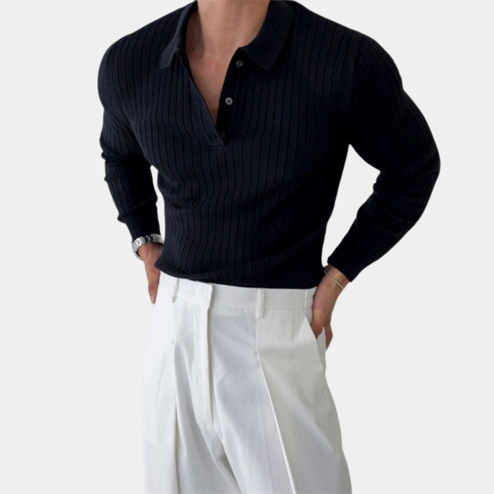 Street-Wave Men Ribbed Knit Polo Sweater Slim Fit Long Sleeve Versatile