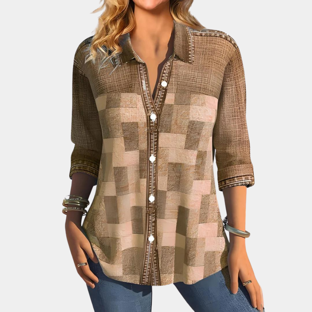 Women's Shirt - Relaxed Fit - Long-Sleeved - Button Closure - Checked Patchwork Design