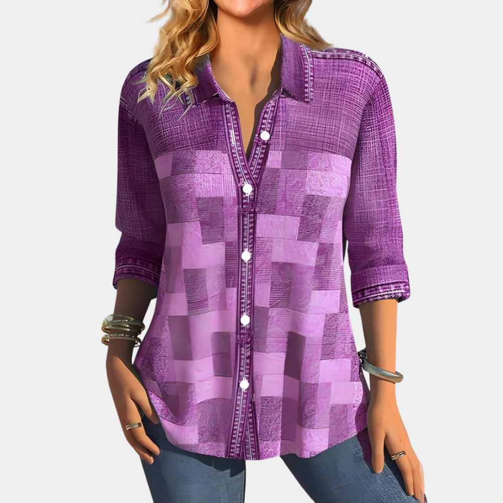 Women's Shirt - Relaxed Fit - Long-Sleeved - Button Closure - Checked Patchwork Design