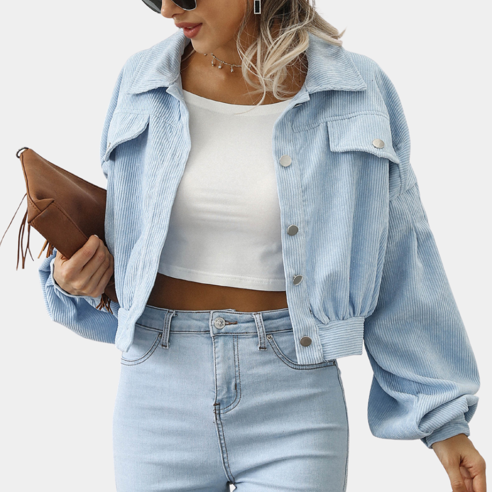 Women Corduroy Cropped Jacket Streetwave Elegant Coat With Silver Button Details With Chest Pockets