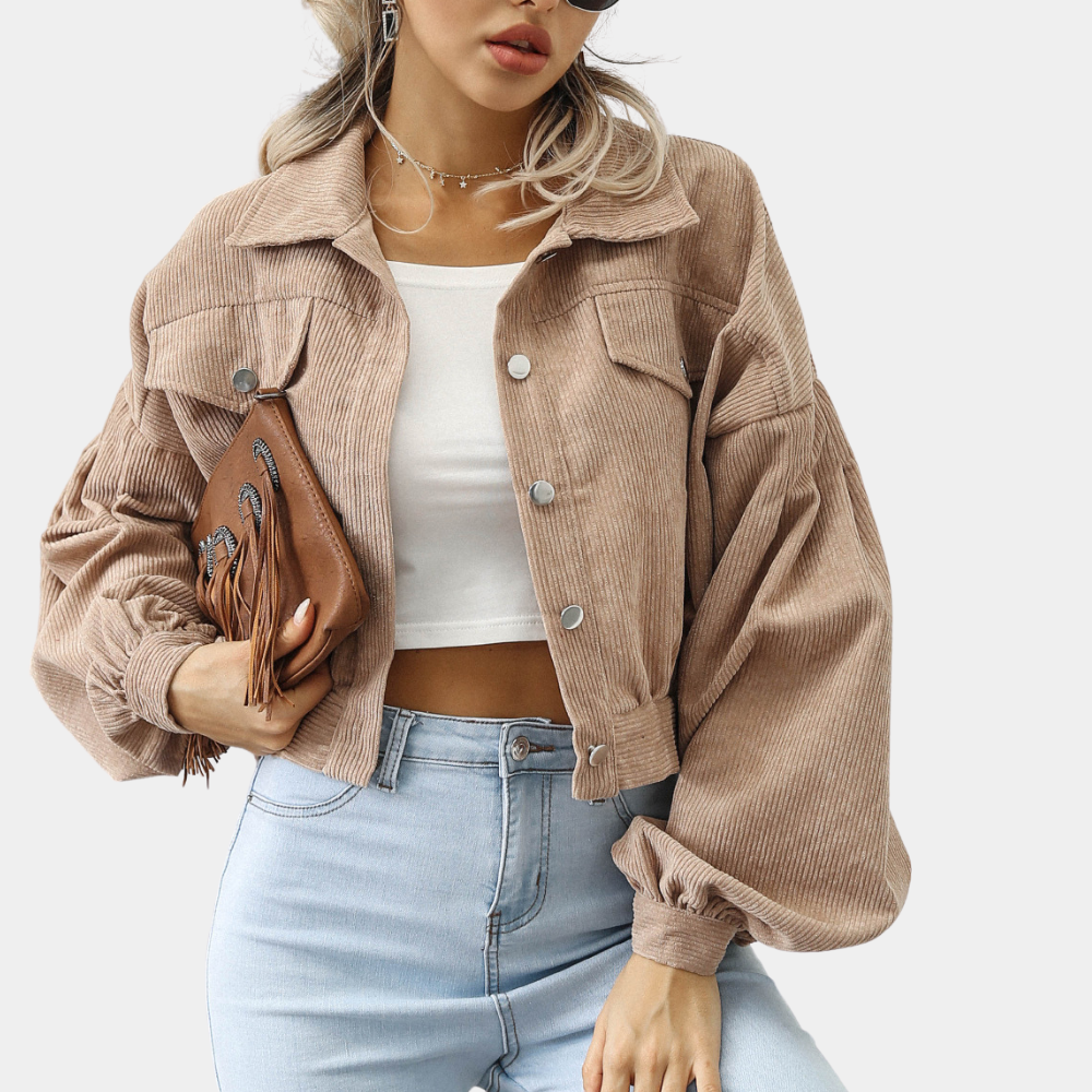 Women Corduroy Cropped Jacket Streetwave Elegant Coat With Silver Button Details With Chest Pockets