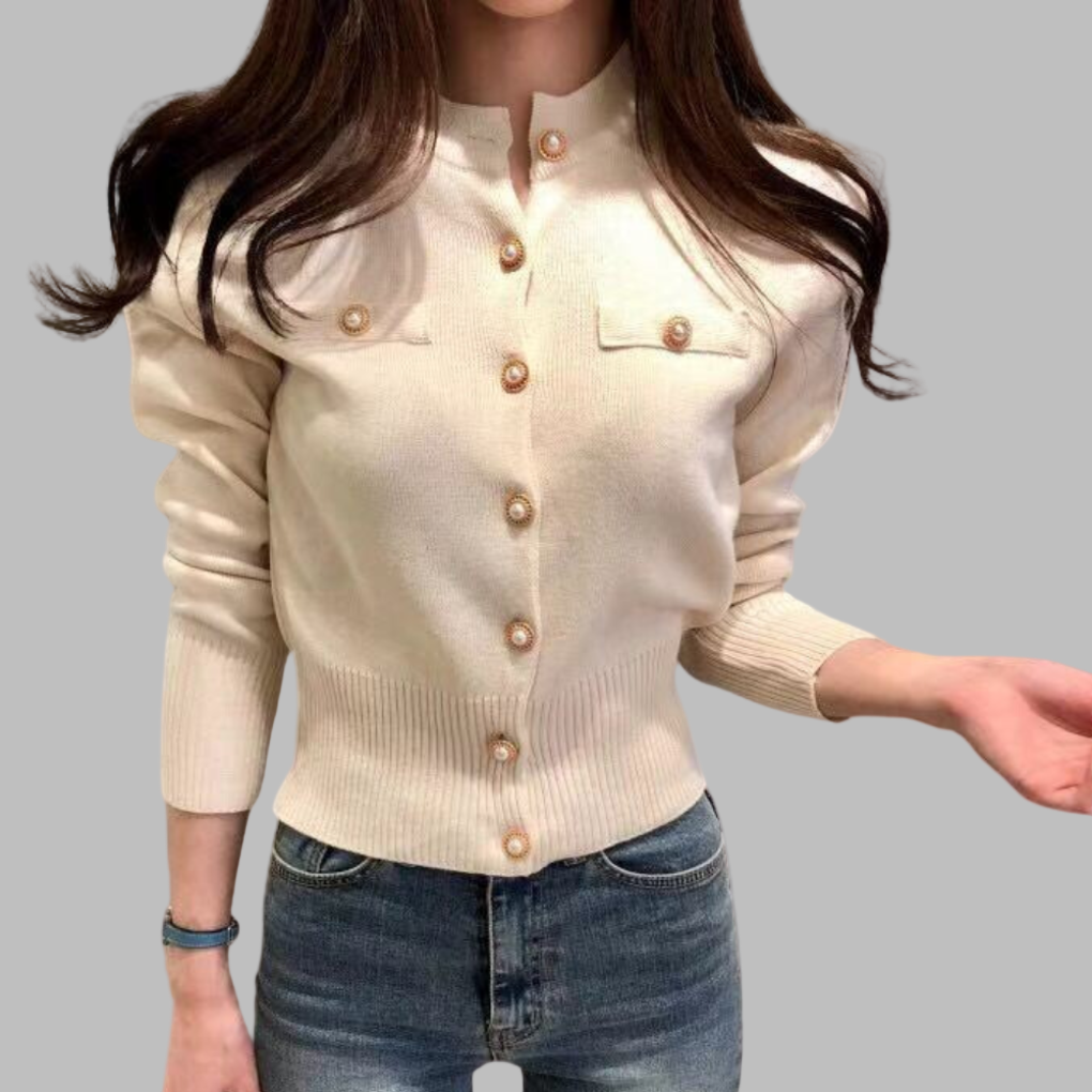 Street-Wave Cardigan For Women Elegant Pearl Button Knit Versatile Tailored Fit For Office To Evening
