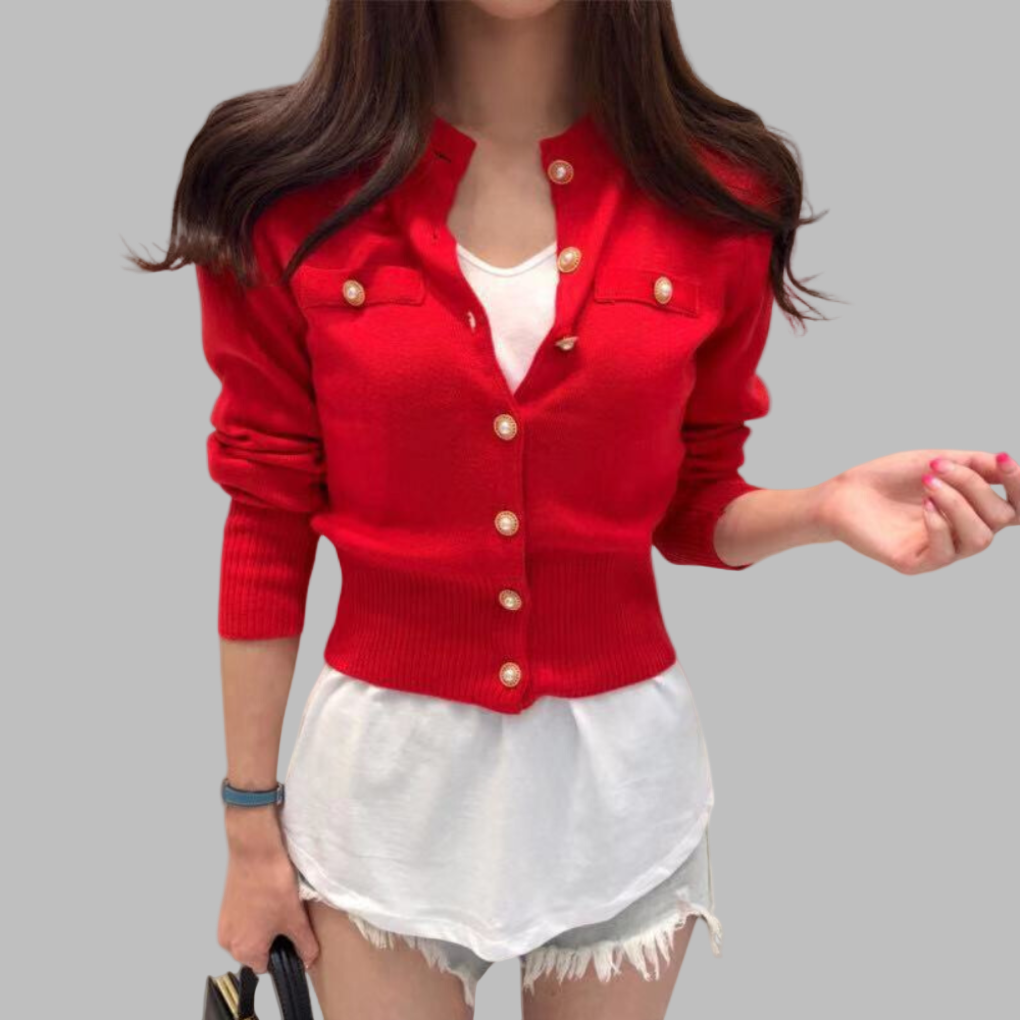 Street-Wave Cardigan For Women Elegant Pearl Button Knit Versatile Tailored Fit For Office To Evening