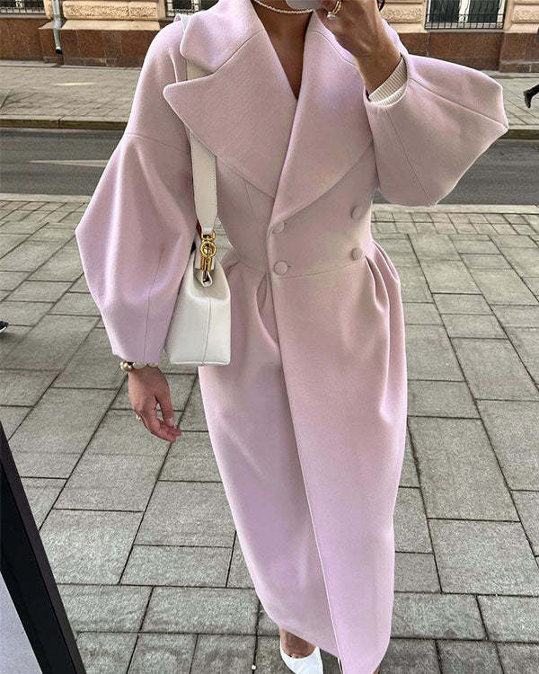 Street-Wave Elegant Wool Coat For Women Lantern Sleeves And Lapel Collar Flattering Waist Cinching