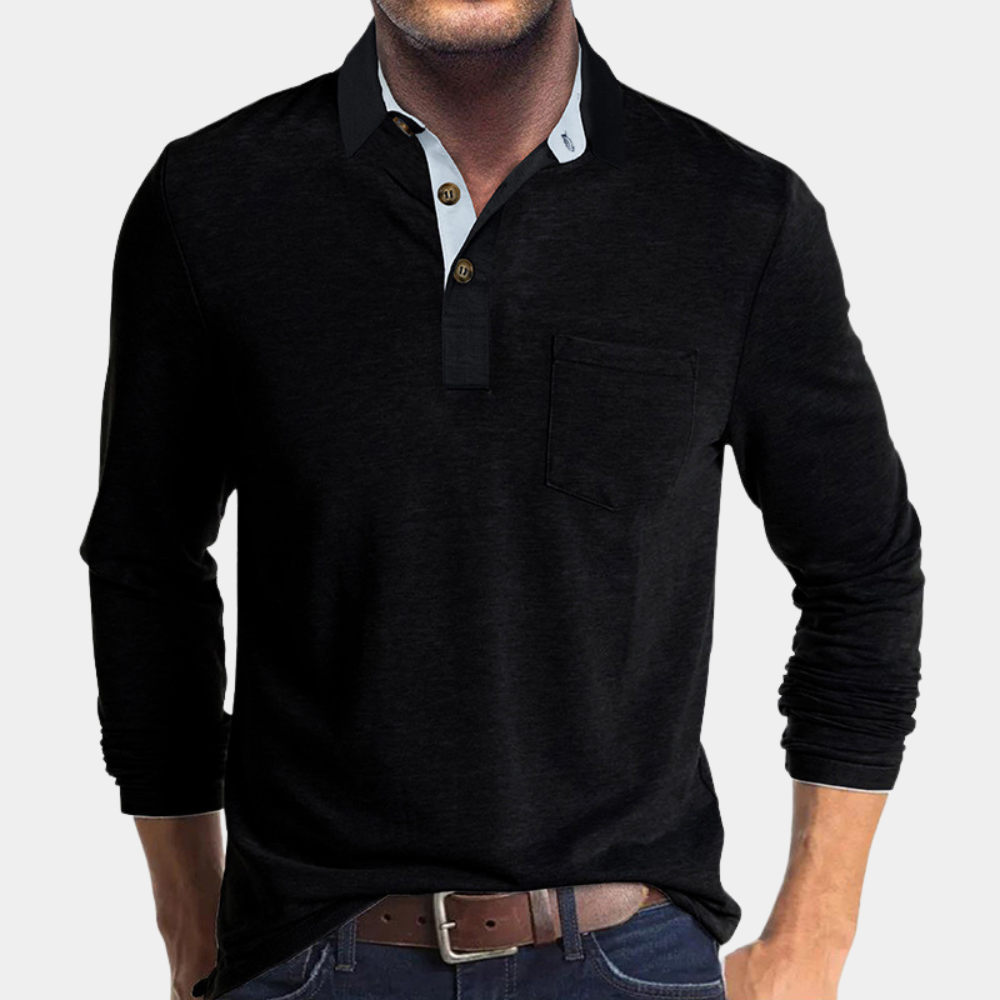 Street-Wave Mens Long Sleeve Polo Shirt With Pocket And Button Placket