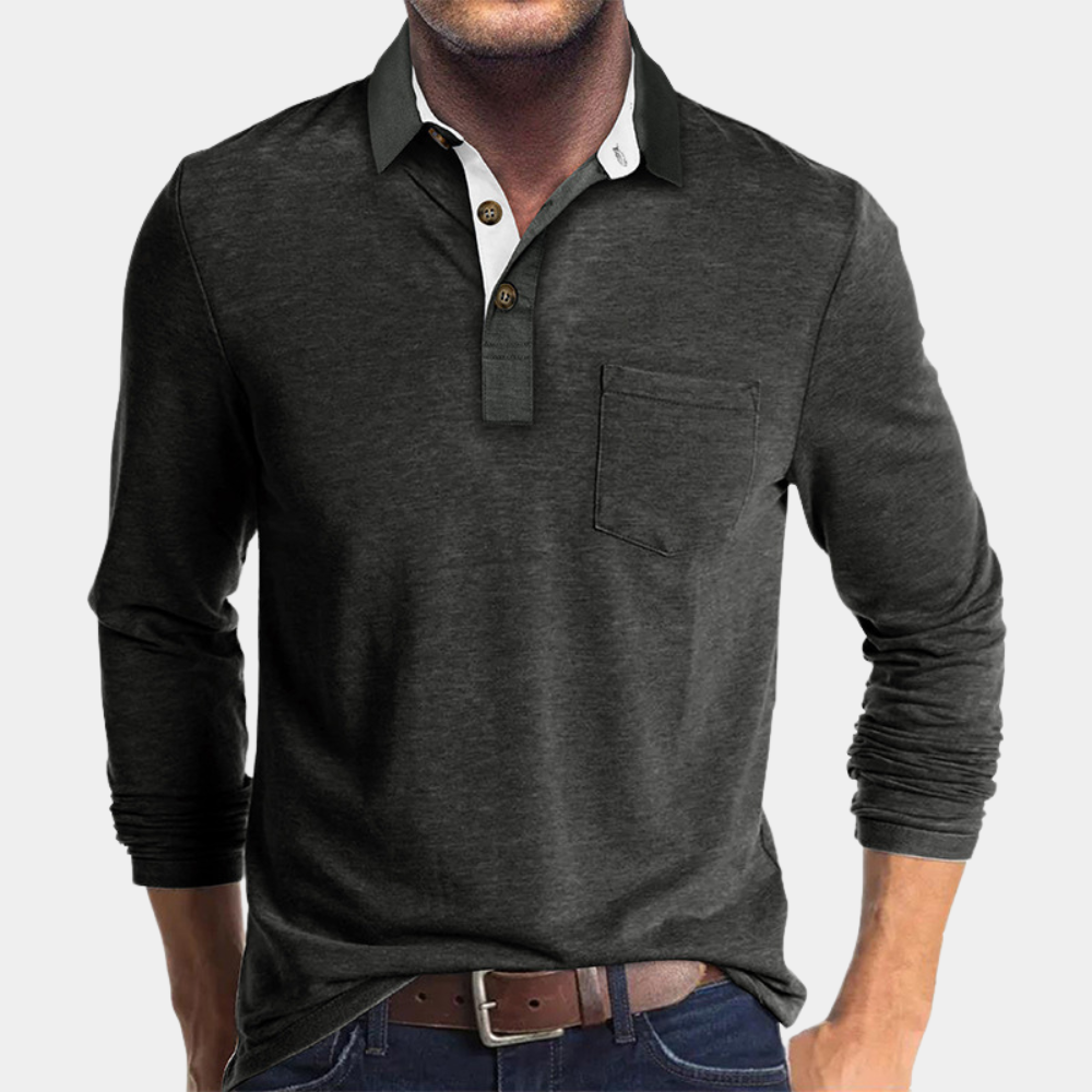Street-Wave Mens Long Sleeve Polo Shirt With Pocket And Button Placket