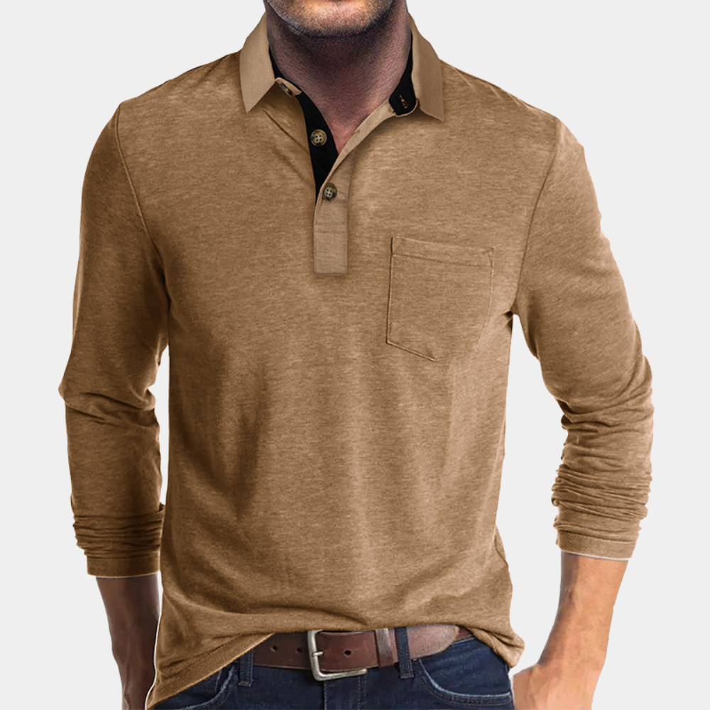 Street-Wave Mens Long Sleeve Polo Shirt With Pocket And Button Placket