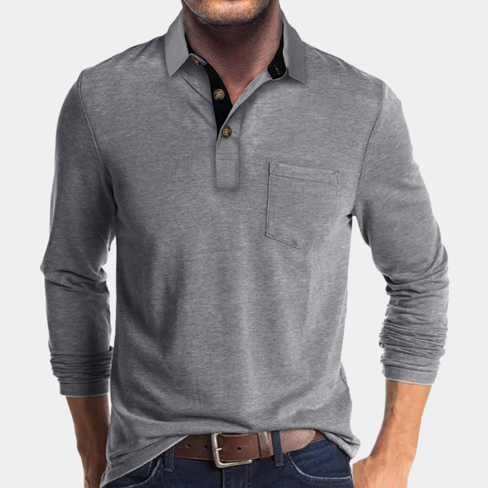 Street-Wave Mens Long Sleeve Polo Shirt With Pocket And Button Placket