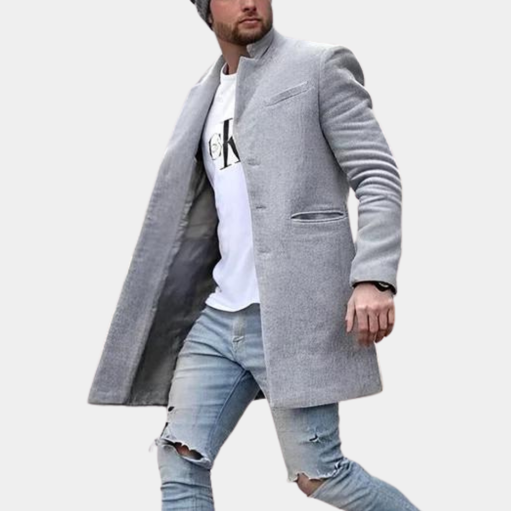 Street Wave Mens Wool Blend Coat Stand Collar Slim Fit Single Breasted Versatile
