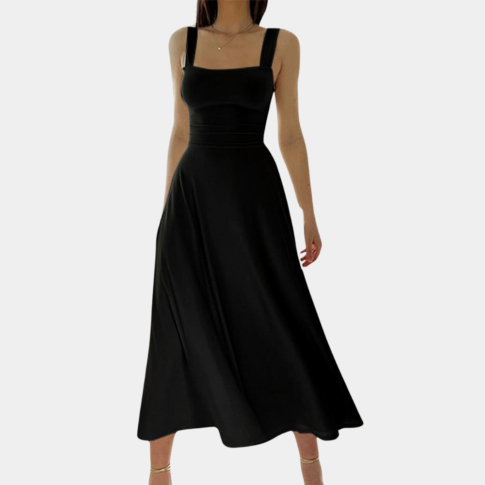 Street-Wave Women's Midi Dress Square Neck Wide Straps A-Line Comfort