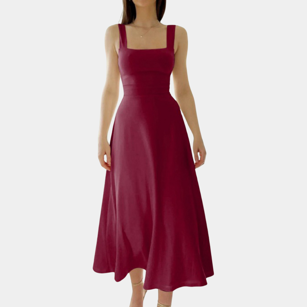 Street-Wave Women's Midi Dress Square Neck Wide Straps A-Line Comfort