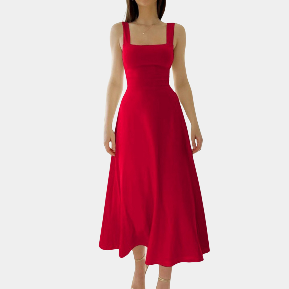 Street-Wave Women's Midi Dress Square Neck Wide Straps A-Line Comfort