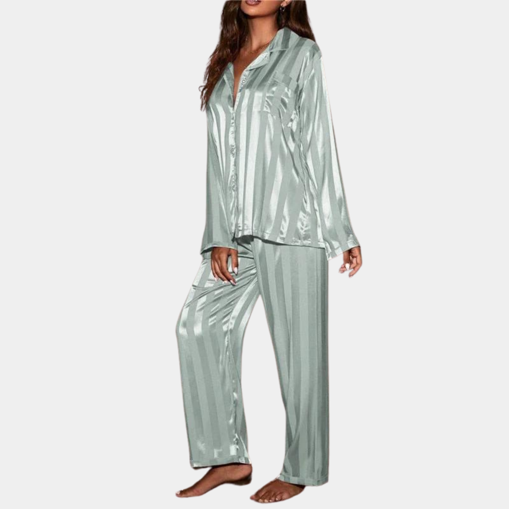 Nordic Flair Satin Pajama Set For Women Soft Button Shirt Elastic Waist Pants