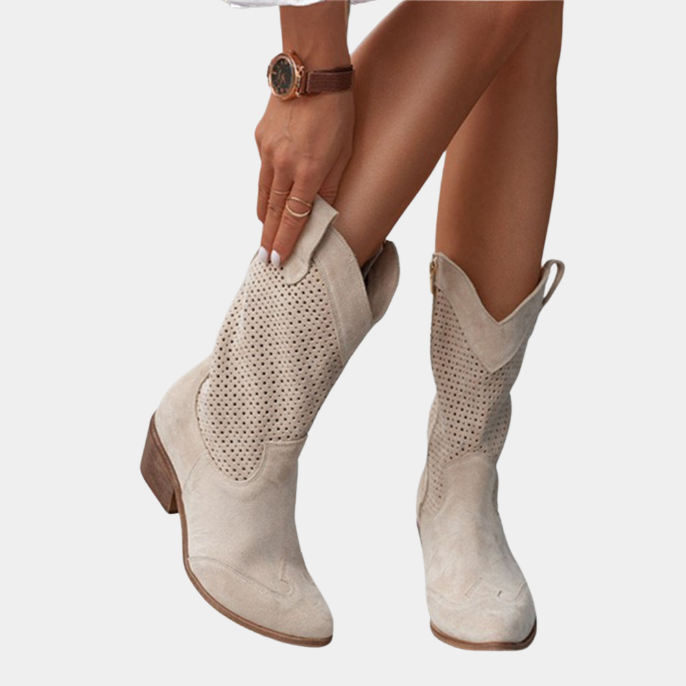 Street-Wave Cowboy Boots For Women Perforated Shaft Leather Upper With Block Heel Breathable Trendy Western Style