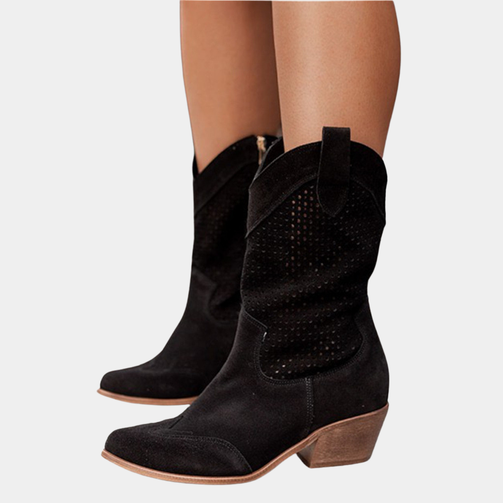 Street-Wave Cowboy Boots For Women Perforated Shaft Leather Upper With Block Heel Breathable Trendy Western Style