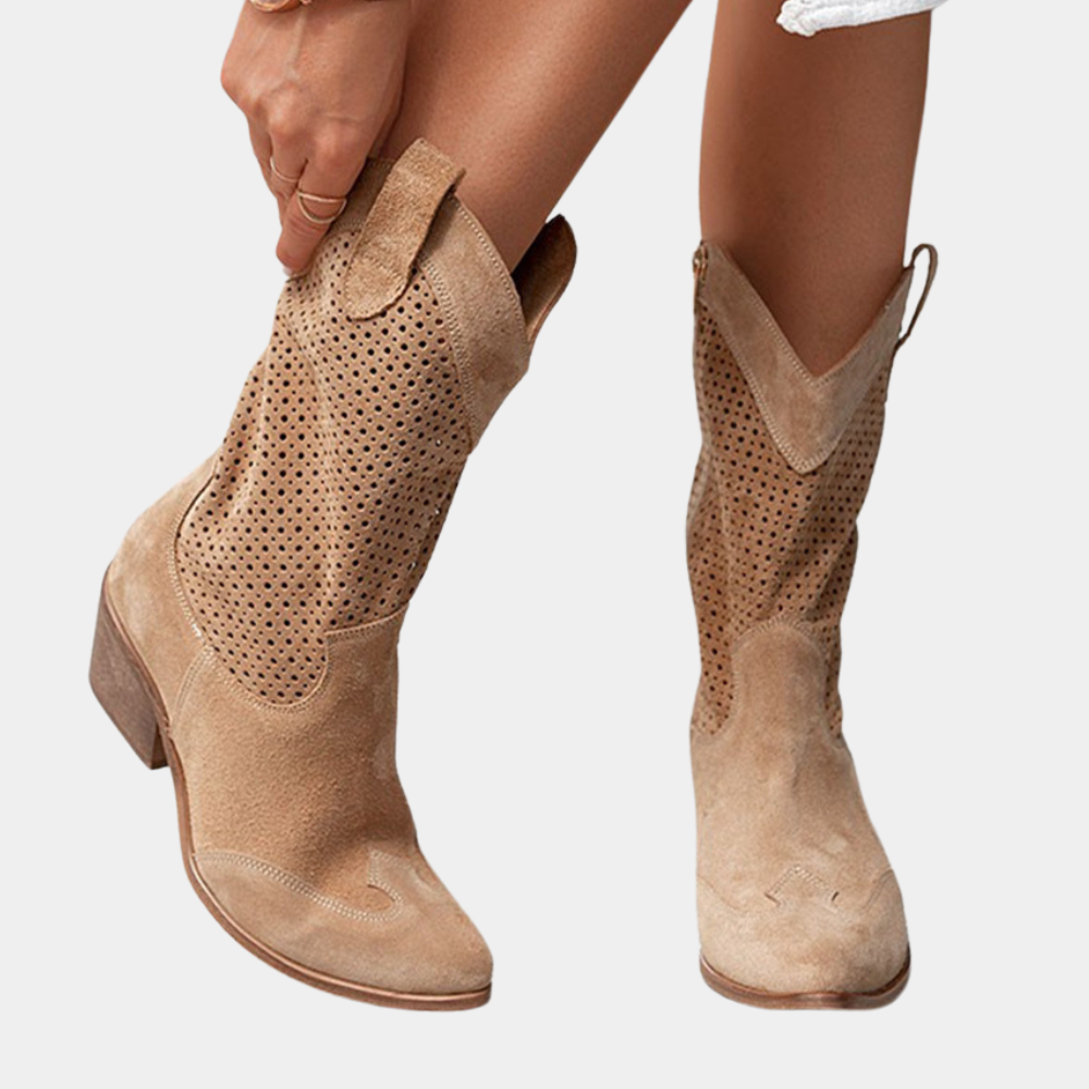 Street-Wave Cowboy Boots For Women Perforated Shaft Leather Upper With Block Heel Breathable Trendy Western Style