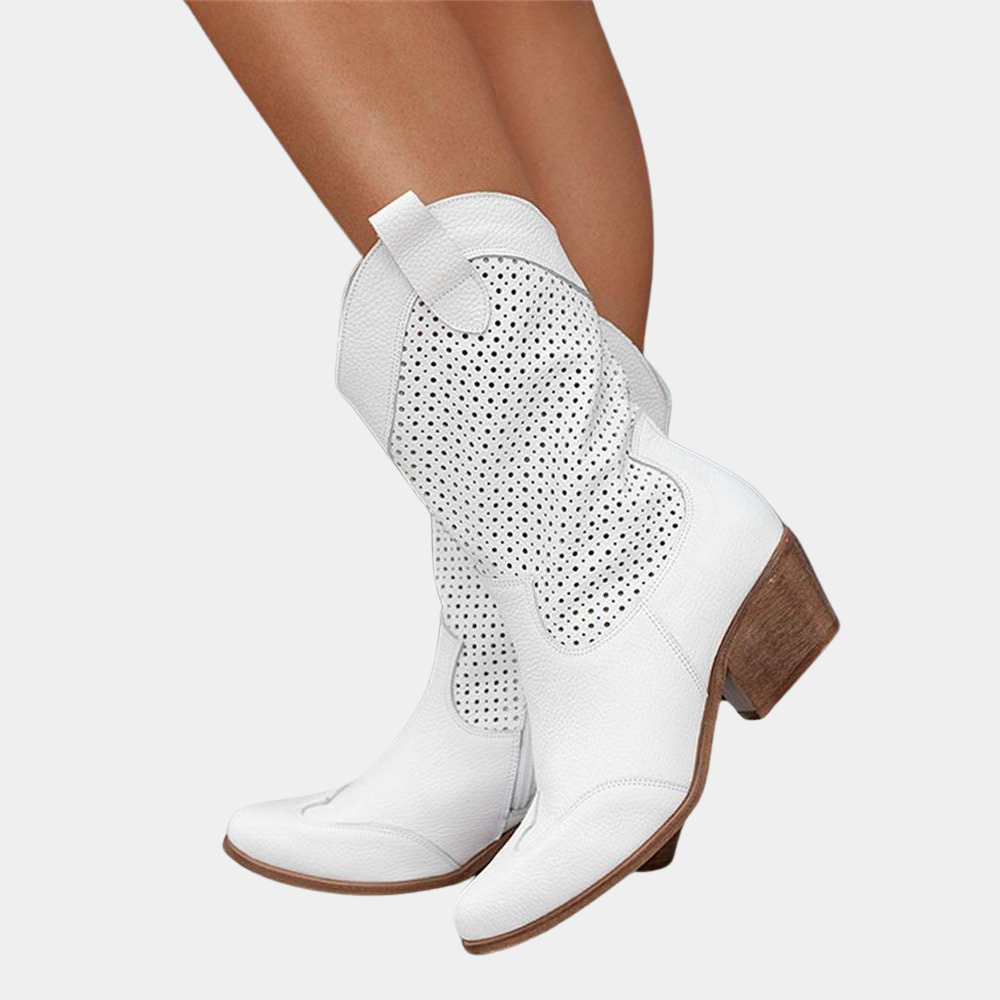 Street-Wave Cowboy Boots For Women Perforated Shaft Leather Upper With Block Heel Breathable Trendy Western Style