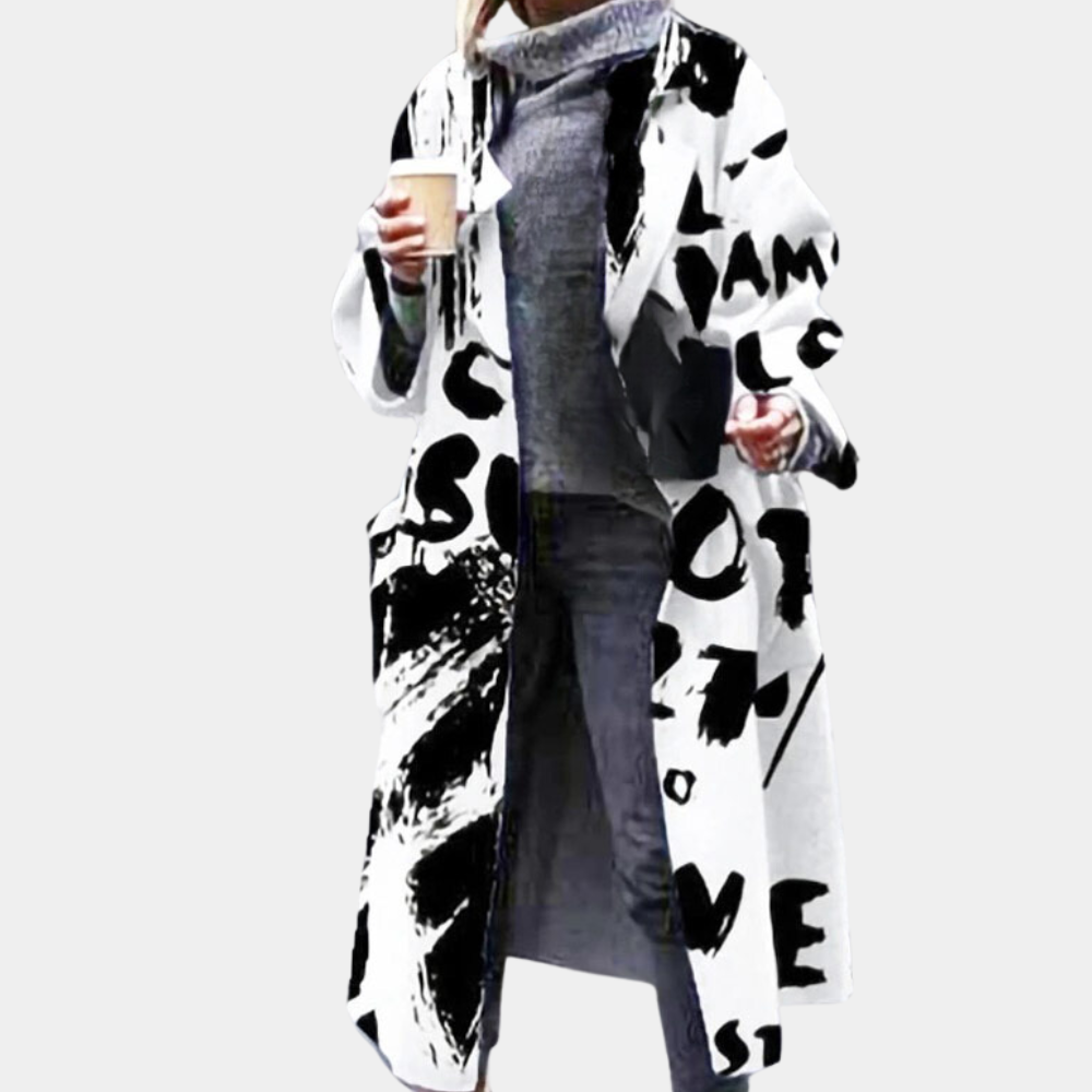 Street-wave Graphic Lettered Coat For Women Bold Black And White Longline Cape With Striking Texture