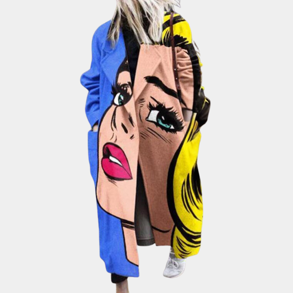 Street-wave Graphic Lettered Coat For Women Bold Black And White Longline Cape With Striking Texture