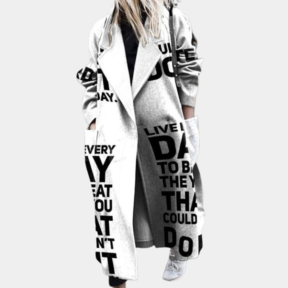 Street Wave Eye Print Longline Coat For Women, Oversized Monochrome Jacket With Bold Eye Motifs And Modern Edge