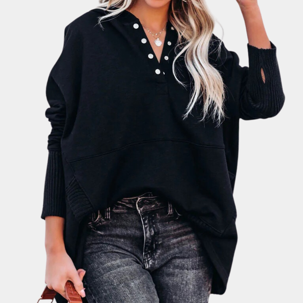 Oversized Hoodie For Women Streetwave Cozy Patchwork Design With Front Pocket And Button Placket Soft Polyester