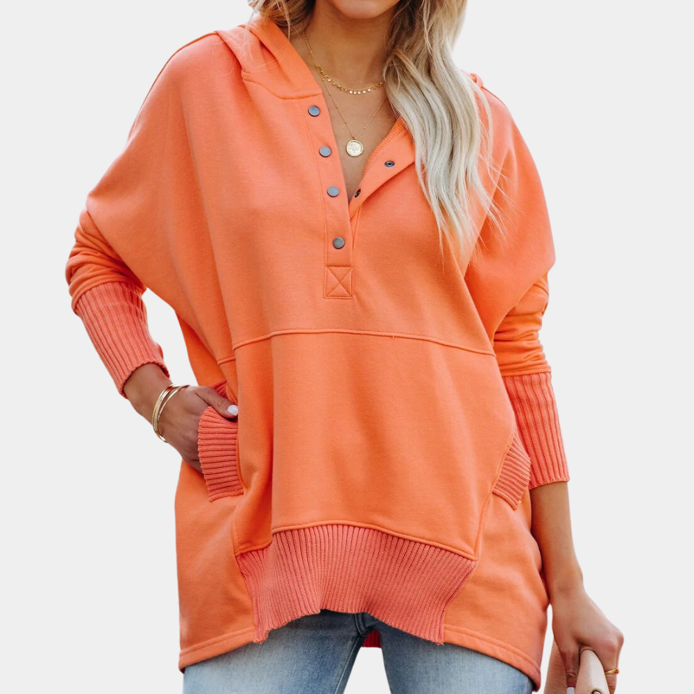 Oversized Hoodie For Women Streetwave Cozy Patchwork Design With Front Pocket And Button Placket Soft Polyester