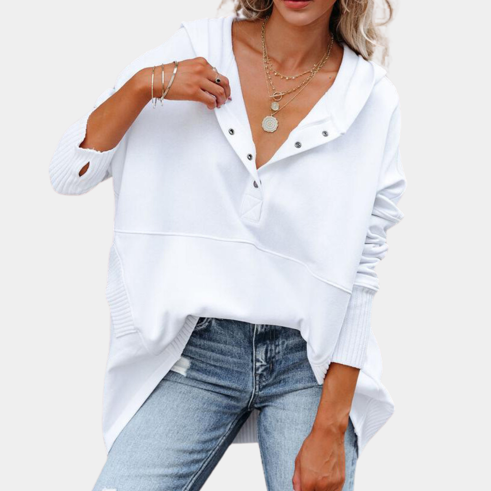 Oversized Hoodie For Women Streetwave Cozy Patchwork Design With Front Pocket And Button Placket Soft Polyester