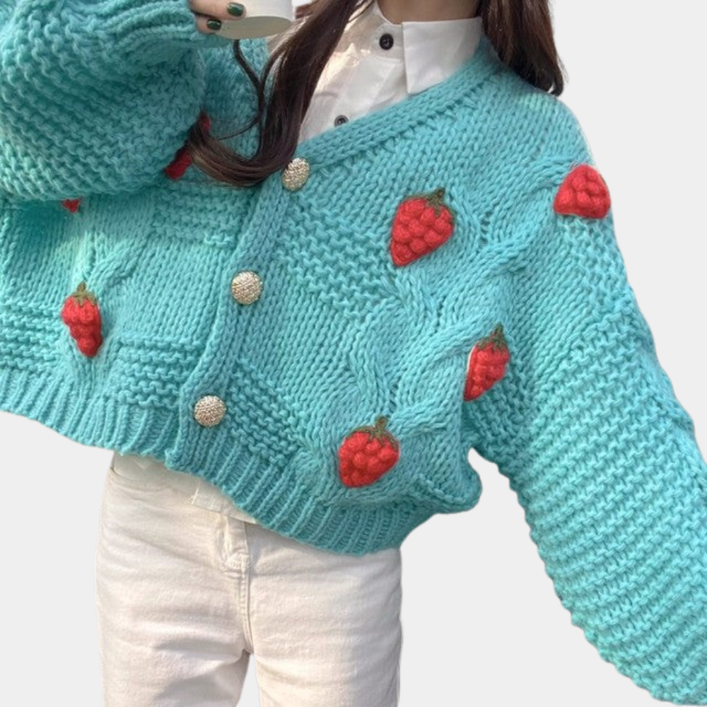 Street-Wave Poppy Cardigan For Women With Eye-Catching Strawberry Details Cozy Knitwear Casual Chic Everyday