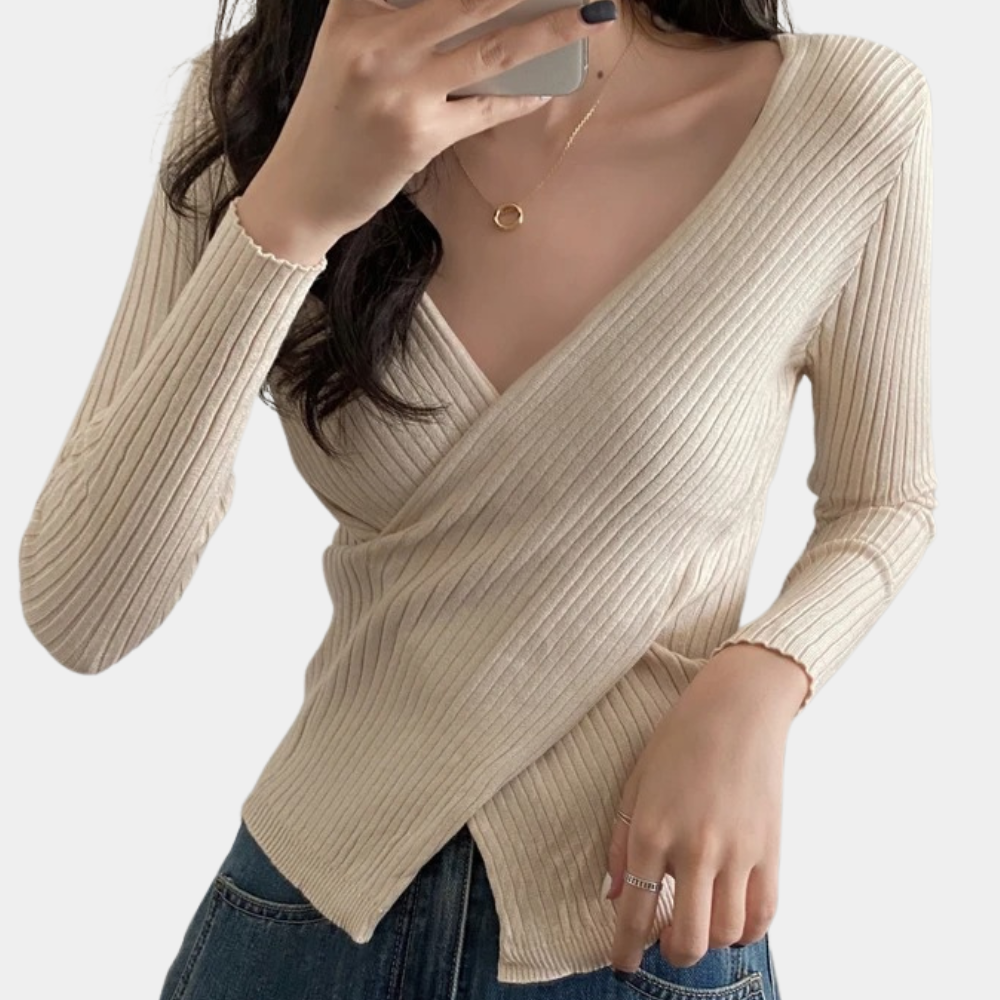 Street-wave Women's Wrap Knit Pullover Flattering Cross Wrap Silhouette Soft Ribbed Knitwear For Cozy Everyday Style