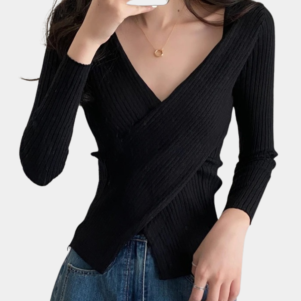 Street-wave Women's Wrap Knit Pullover Flattering Cross Wrap Silhouette Soft Ribbed Knitwear For Cozy Everyday Style