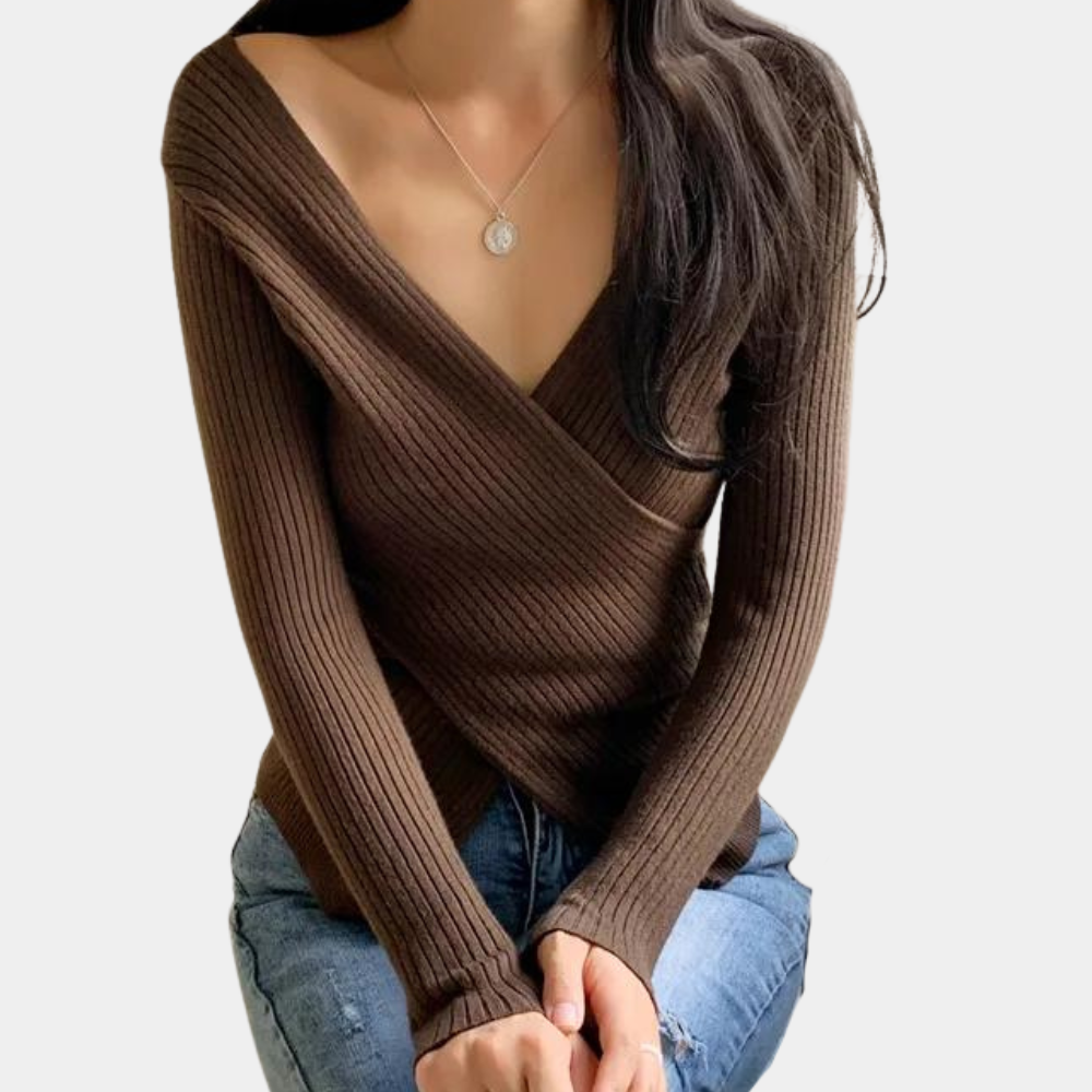 Street-wave Women's Wrap Knit Pullover Flattering Cross Wrap Silhouette Soft Ribbed Knitwear For Cozy Everyday Style